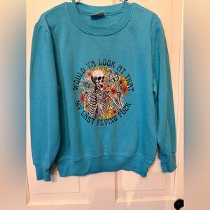 Turquoise Graphic Skeleton Sweatshirt - Floral Skull Design